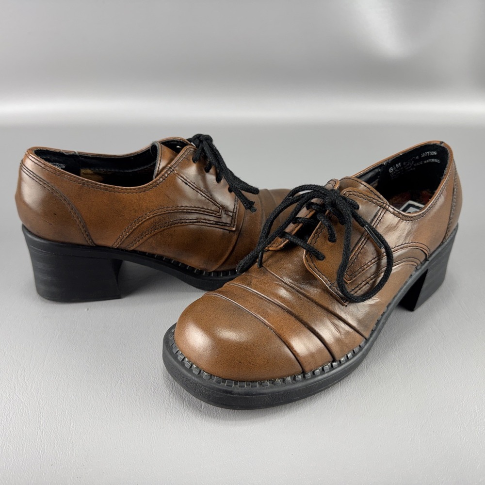 Vintage Zodiac Brown Leather Chunky Oxfords Y2K 90s Grunge Womens Shoes Sz 6.5 M